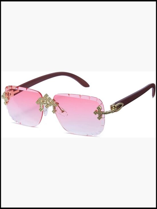 Rimless Bling Sunglasses Gold-Cross Accents Square Wrap Around main image 4